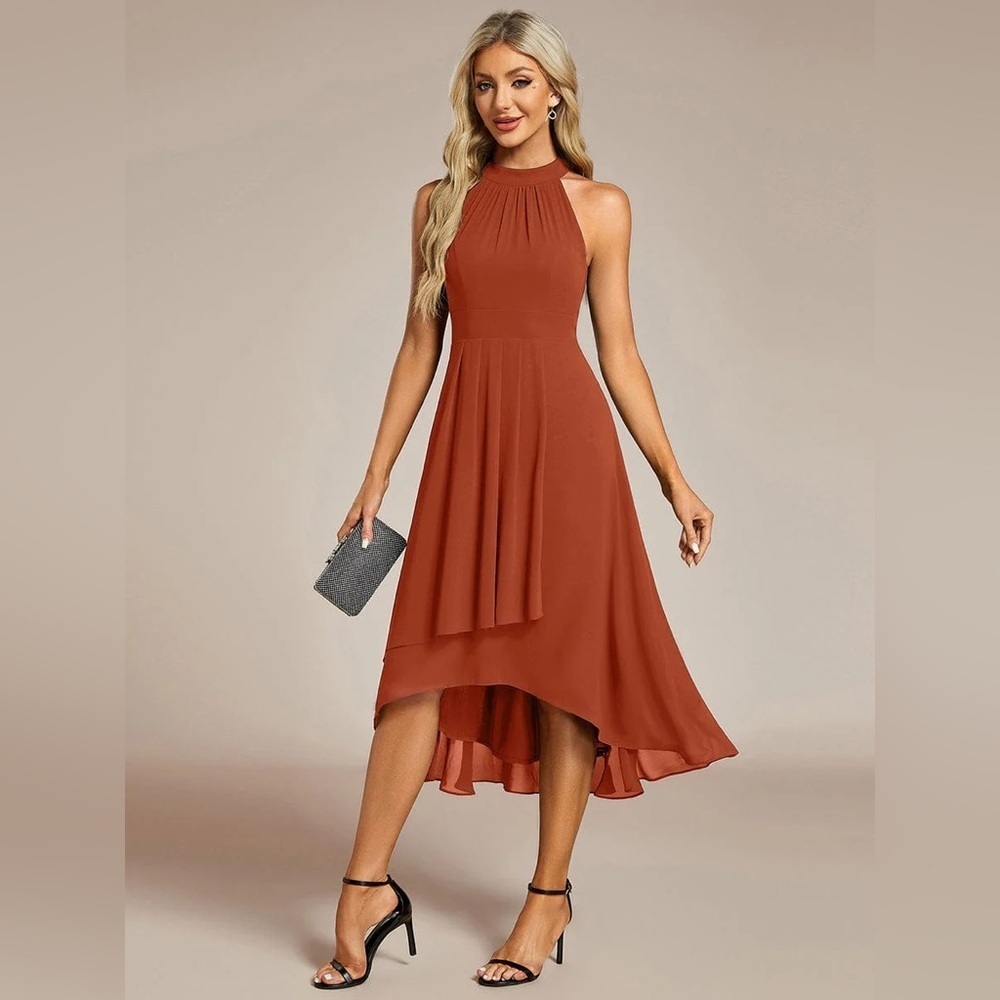 🆕 Midi Halter Neck Chiffon Wedding Guest Dress with Sleeveless and A-Line